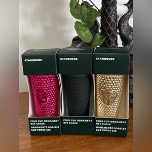 NWT Starbucks 2022 Holiday Studded Ornament Keychain Set Gold,Pink & Dark Green